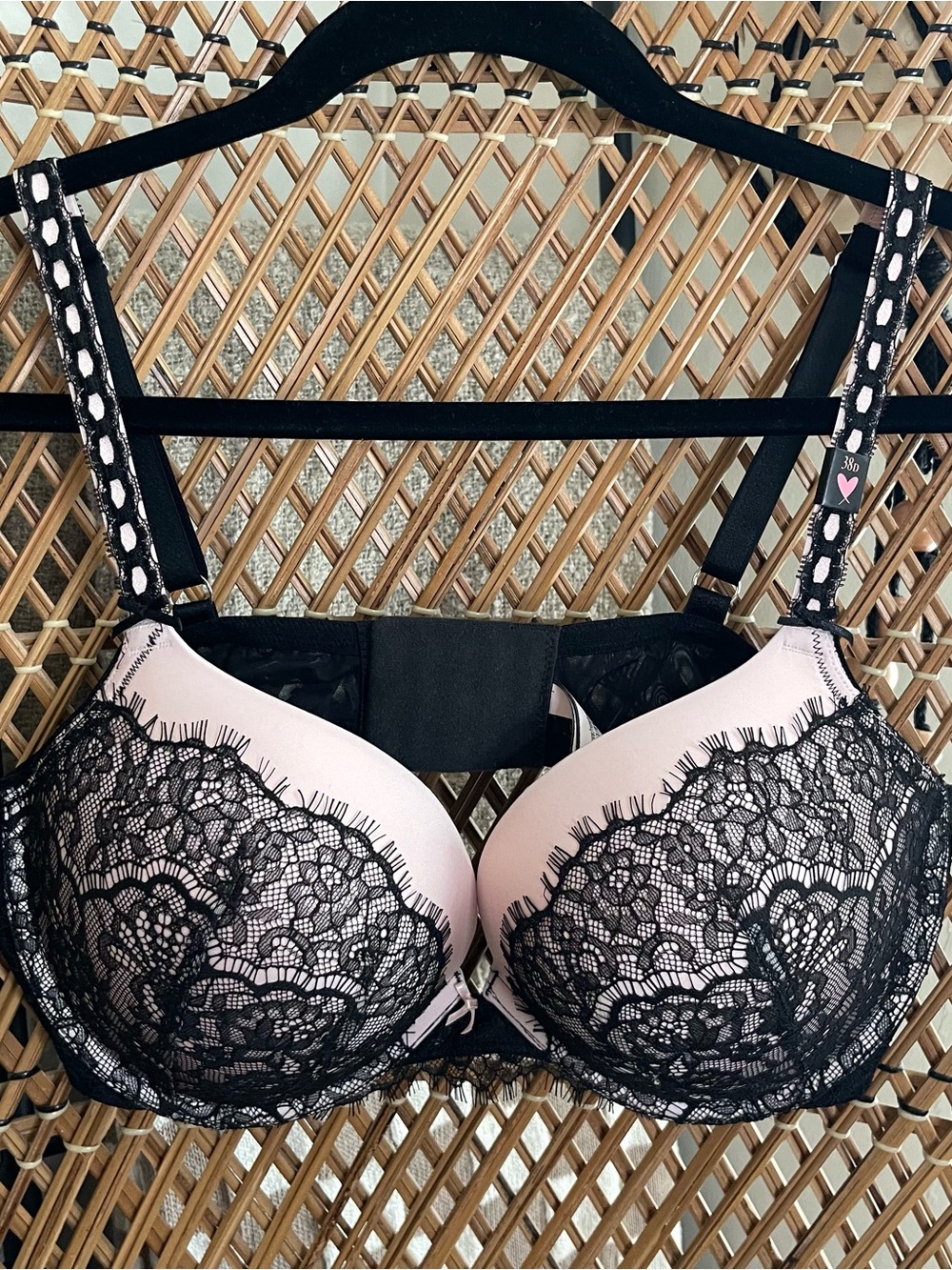 Victoria’s Secret Push Up Black Lace Overlay Pink Bra